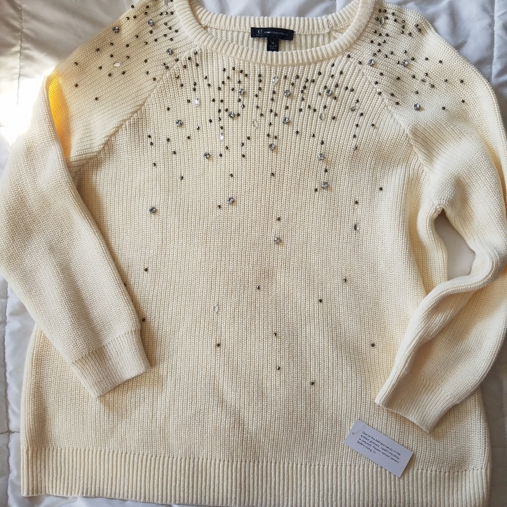 INC cream sweater with a splash of rhinestones